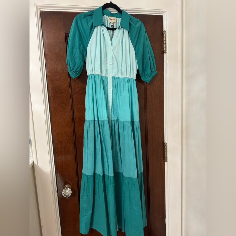 Green and White Tiered Maxi Dress with Puff Sleeves